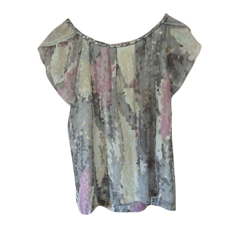 Apostrophe Womens Grey Pink Abstract Print Braided Neck Flutter Sleeve Blouse S